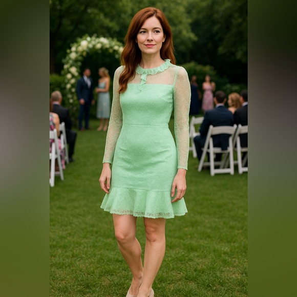 Sandro Green Lace Ruffle Mini Dress | NWT | Wedding Guest, Cocktail, Bridesmaid - Picture 1 of 12